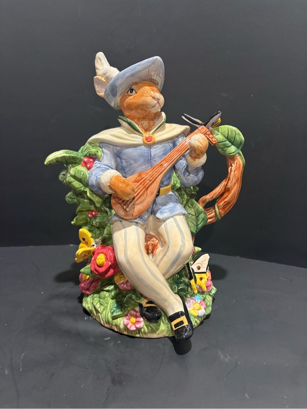 Vintage Hand Painted Floral Ceramic Tea Pitcher Easter Rabbit Troubadour RARE - Picture 2 of 9